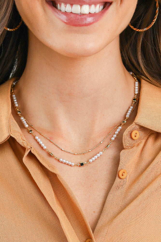 Gold Chain Layered with Pearl and Crystal Necklace