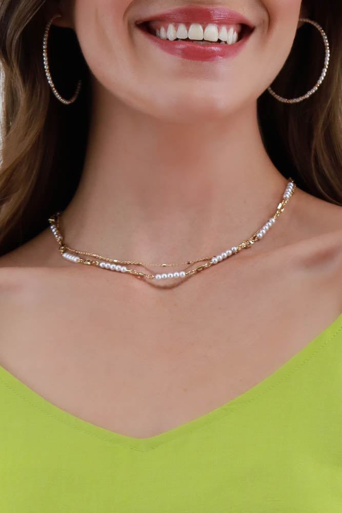 Gold Chain Layered with Pearl and Crystal Necklace