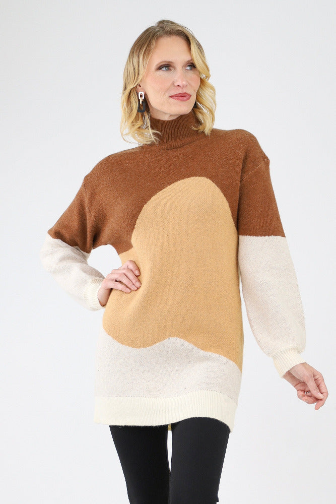 Brown colorblock knit sweater dress