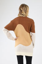 Back of brown colorblock knit sweater dress