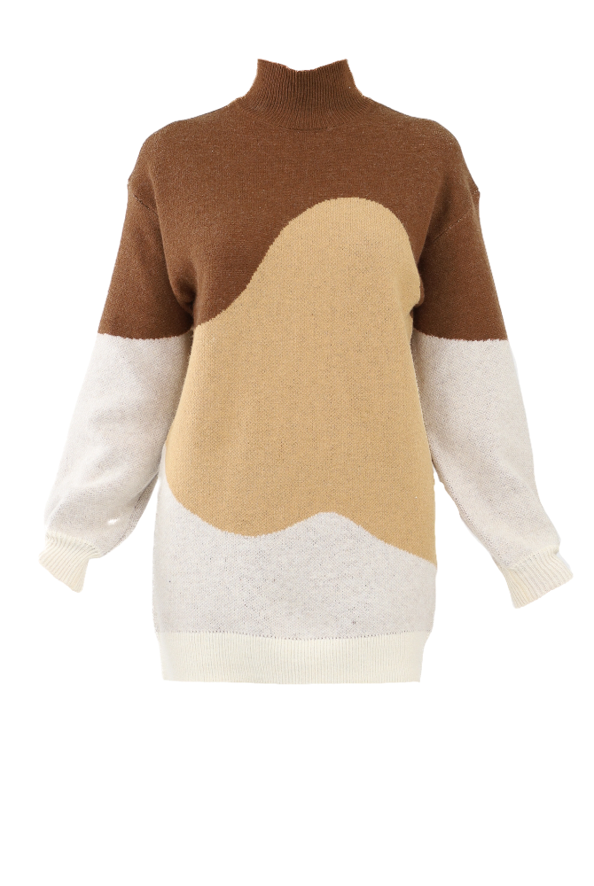 Brown colorblock knit sweater dress flatlay