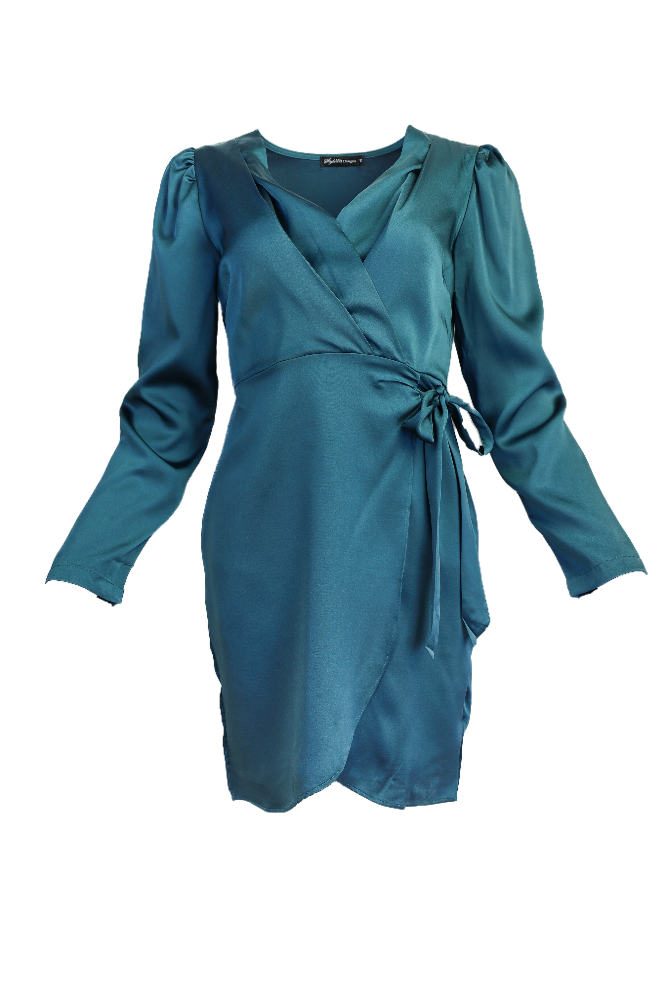 Teal Long Sleeve Satin Mini Dress Flatlay