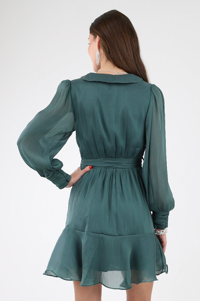 Back of Green Ruffle Hem Mini Dress