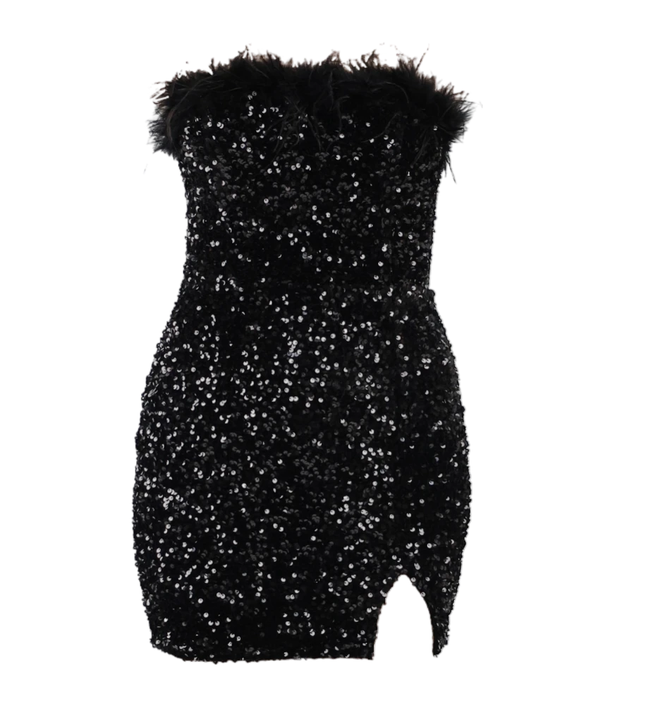 Black Sequin Bodycon Mini Dress with feather trim flatlay