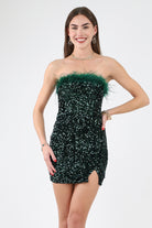 Green Sequin Bodycon Mini Dress with feather trim