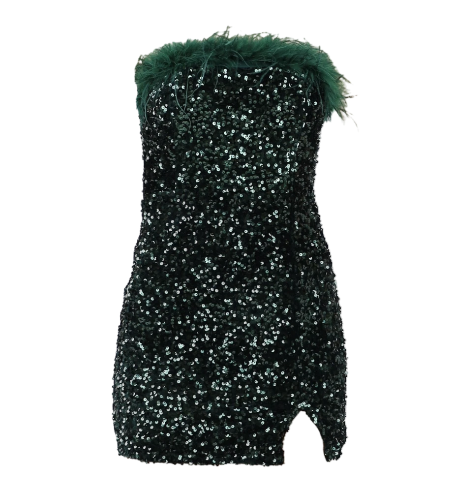 Green Sequin Bodycon Mini Dress with feather trim flatlay