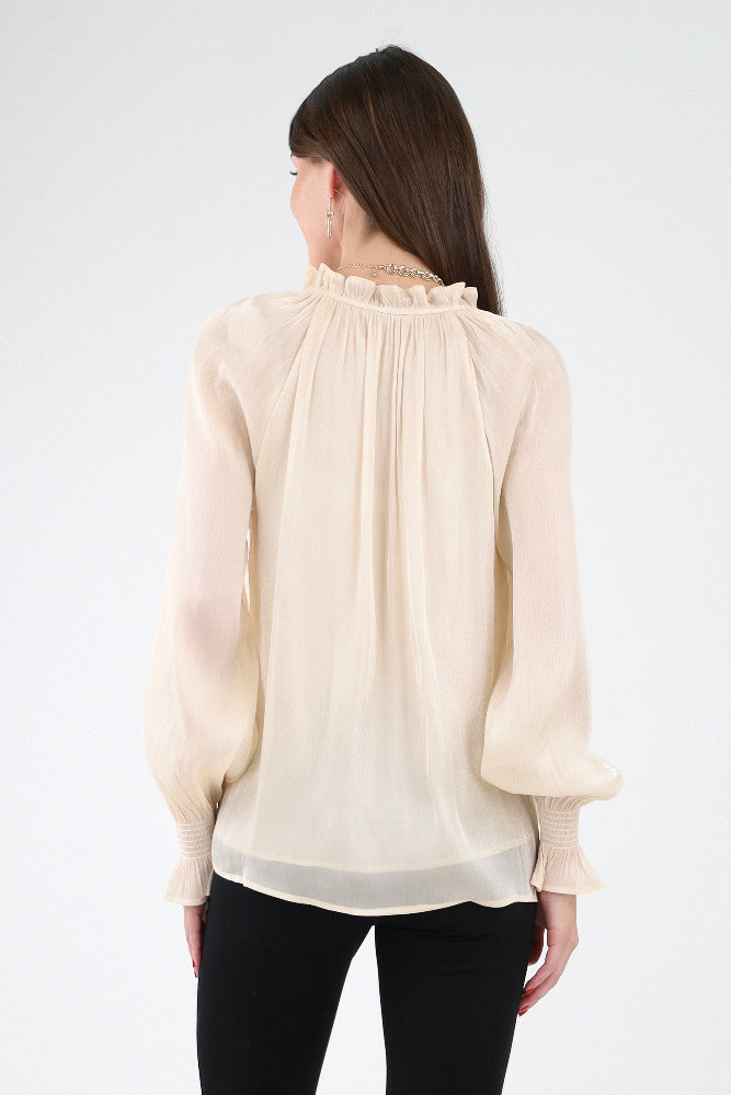 Back of Champagne Woven Bishop Sleeve Top