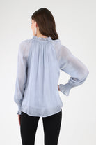 Back of Blue Woven Bishop Sleeve Top