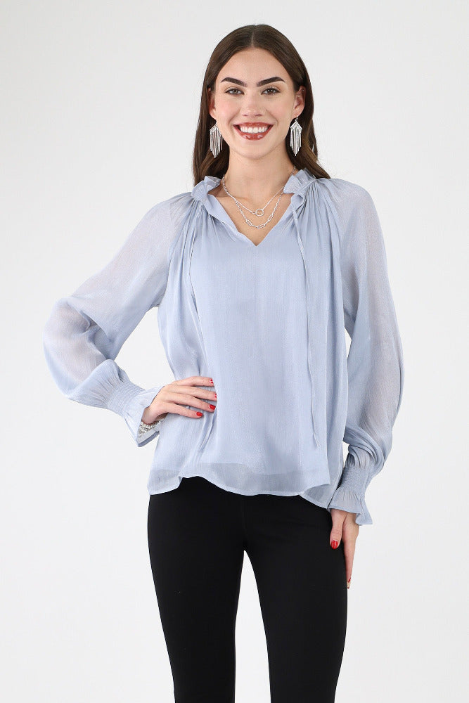 Blue Woven Bishop Sleeve Top