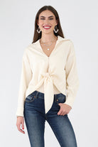 Front Tie Striped Champagne Blouse