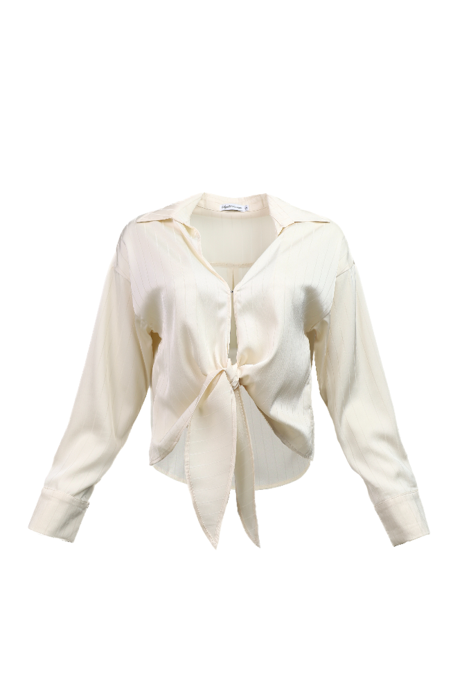 Front Tie Striped Champagne Blouse Flatlay