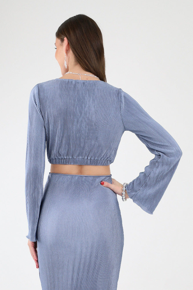 Back of Blue Surplice Bell Sleeve Crop Top