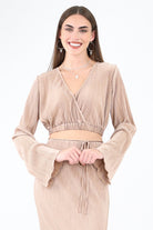 Mocha Surplice Bell Sleeve Crop Top