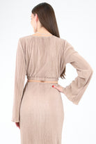 Back of Mocha Surplice Bell Sleeve Crop Top