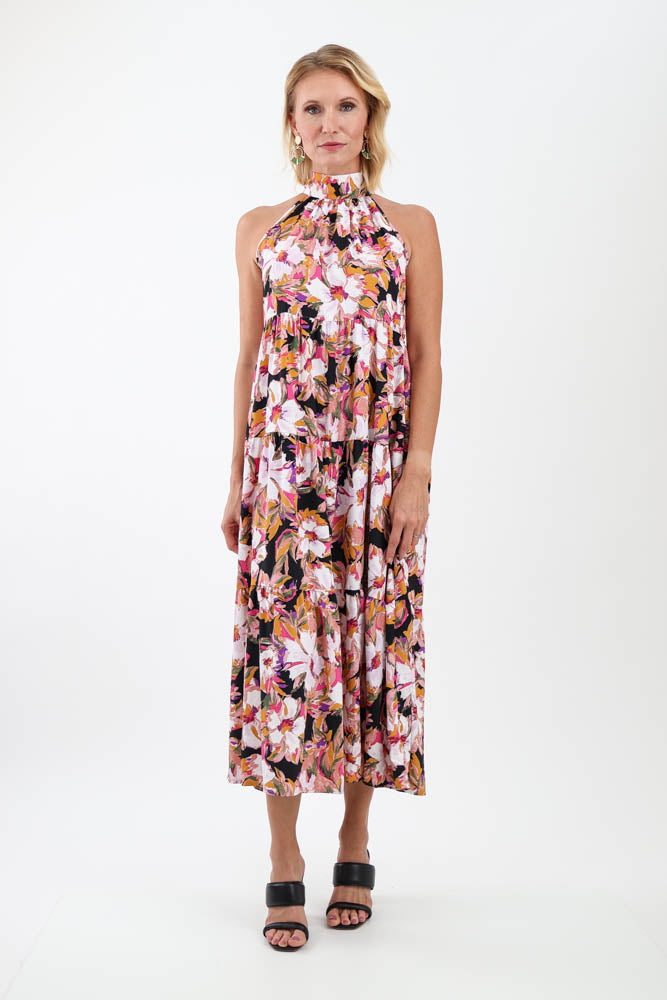 Black floral halter tie back dress