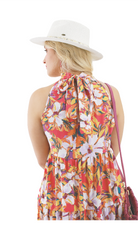 Back of pink floral halter tie back dress