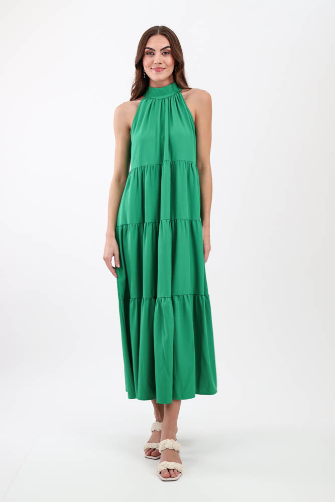 Green halter tie back dress