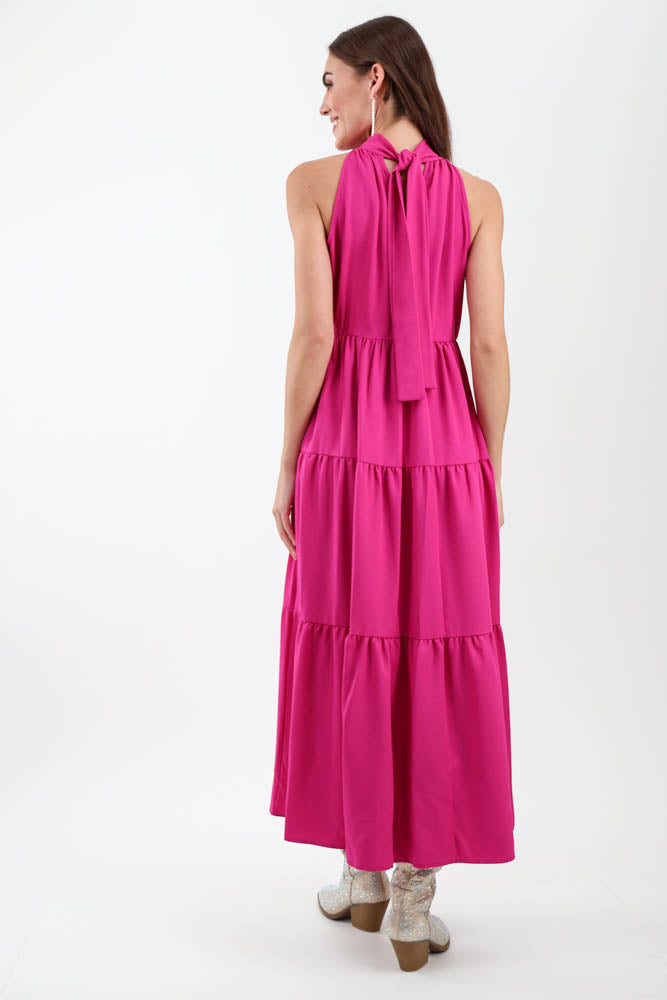 Back of magenta tie back dress