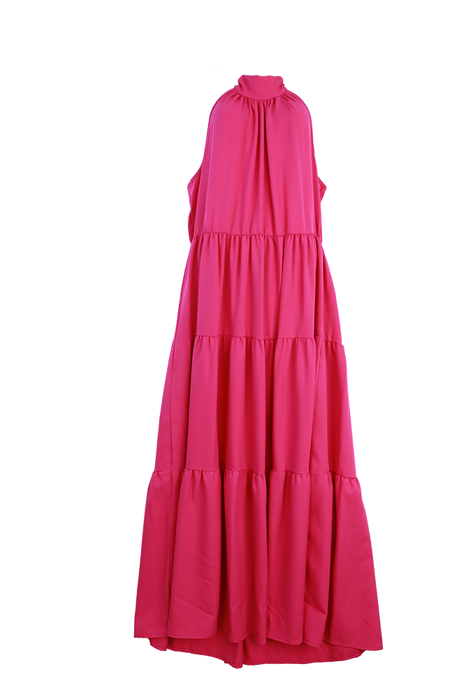 Magenta halter tie back dress flatlay