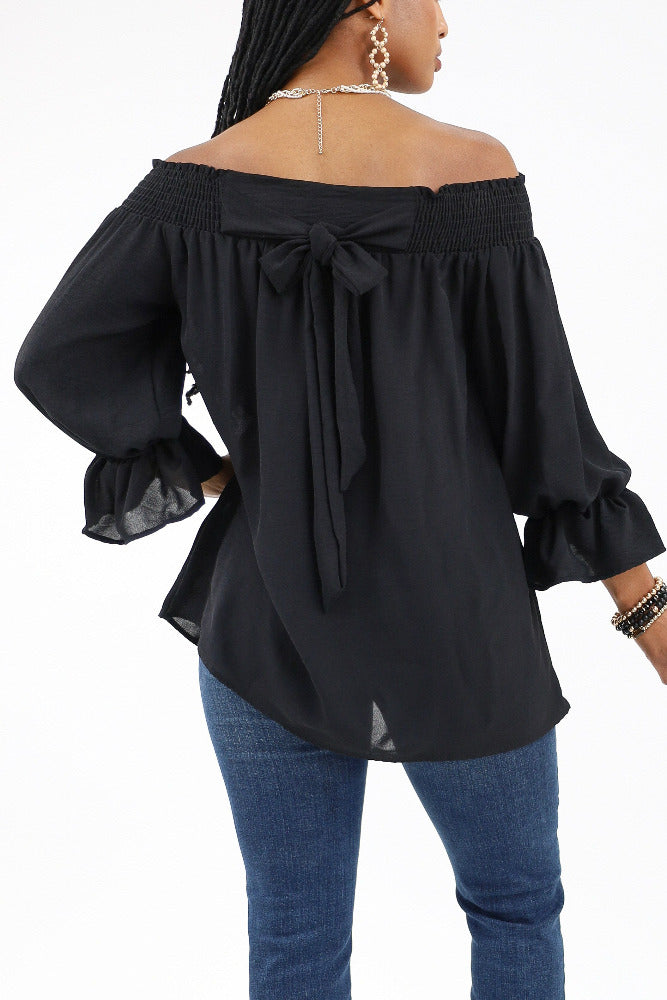 Back of Black Smocked Bow Back Top