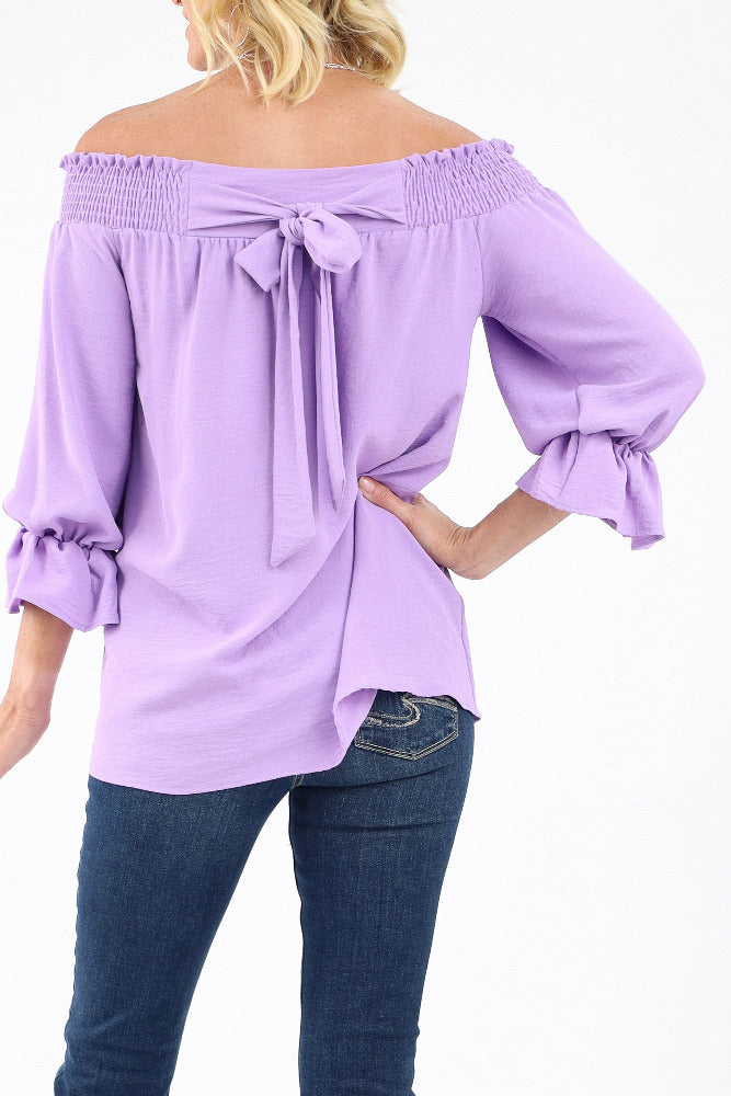 Back of Lilac Smocked Bow Back Top