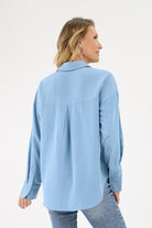 Back of blue Womens Button Up Top