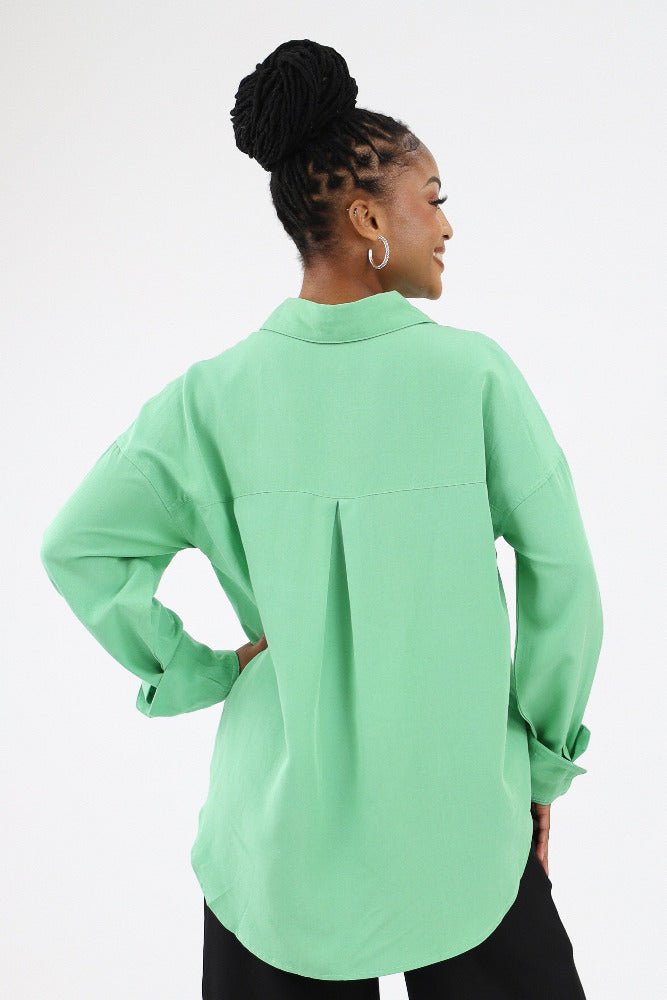 Back of green Womens Button Up Top