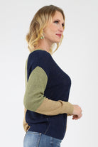 Colorblock Knit Pullover with olive, tan, and navy colors