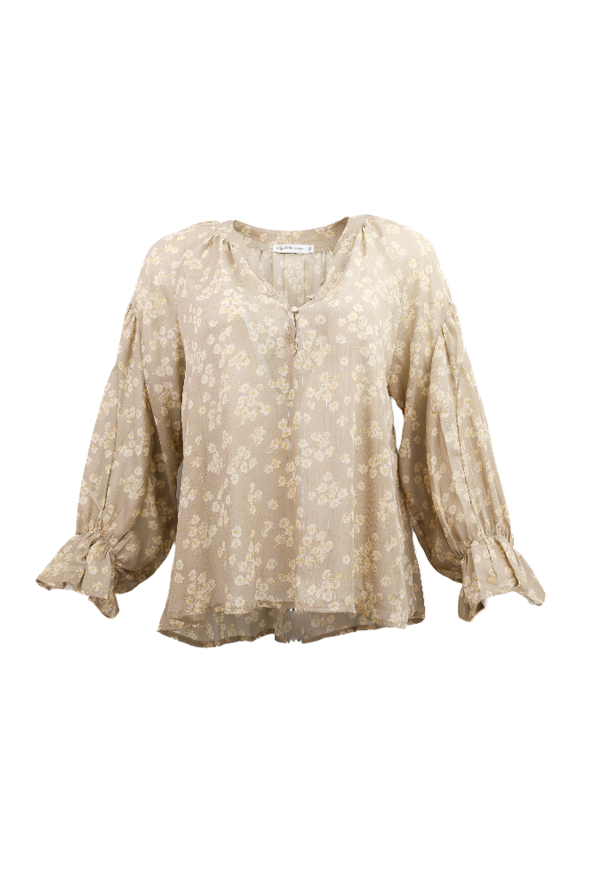 Beige Floral Ruffle Blouse Flatlay