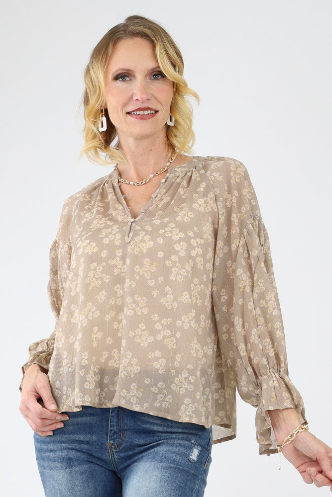 Beige Floral Ruffle Blouse