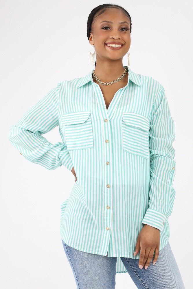 Green Striped Woven Top