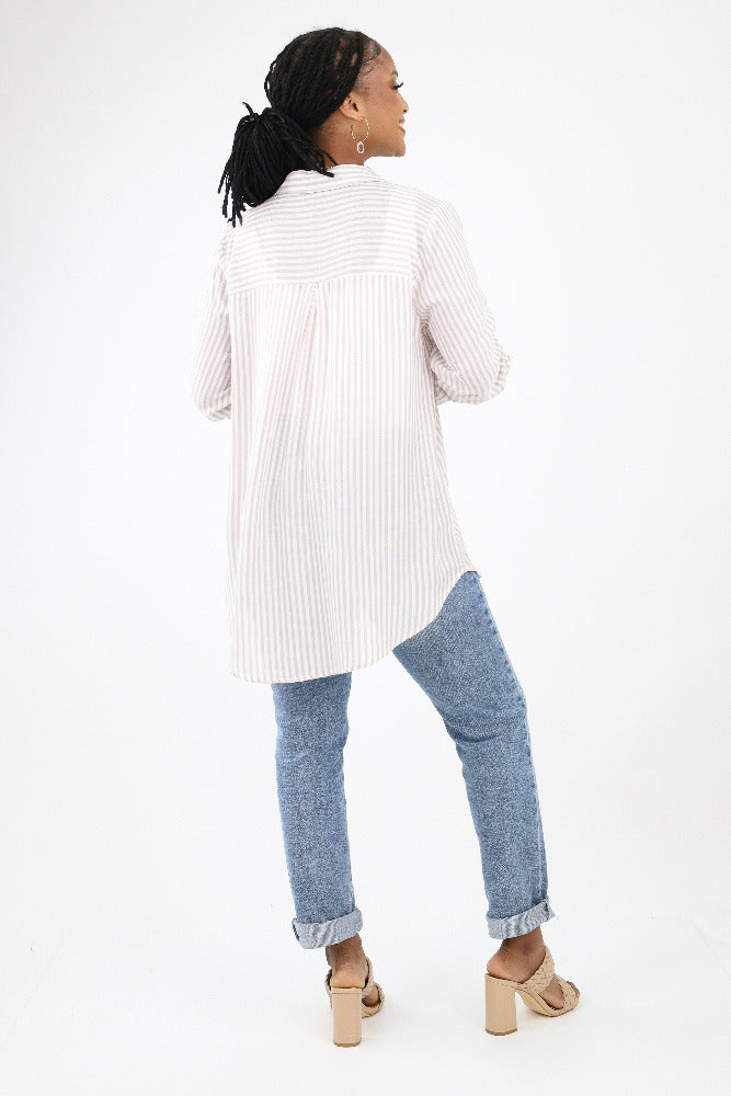 Back of Mocha Striped Woven Top