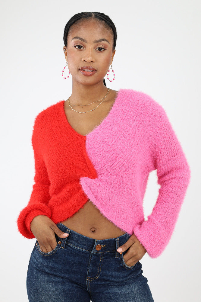 Pink and Red Color Block Sweater