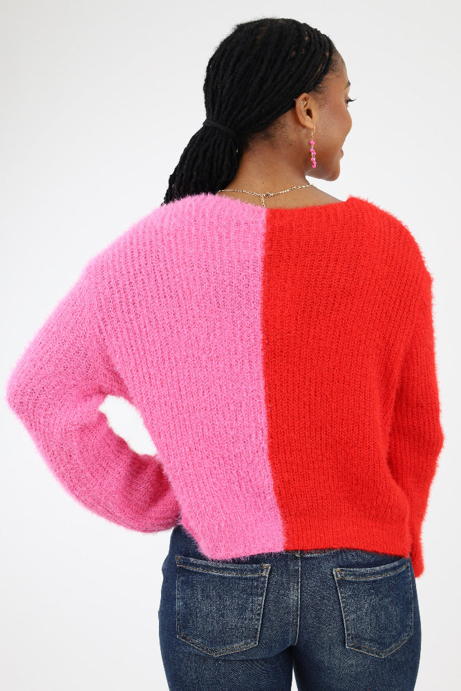 Back of Pink and Red Color Block Sweater