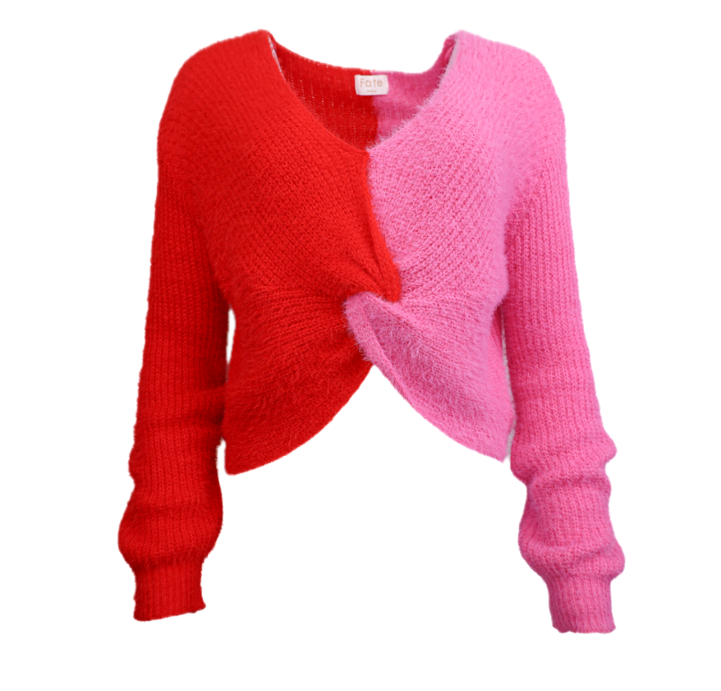 Pink and Red Color Block Sweater Flatlay