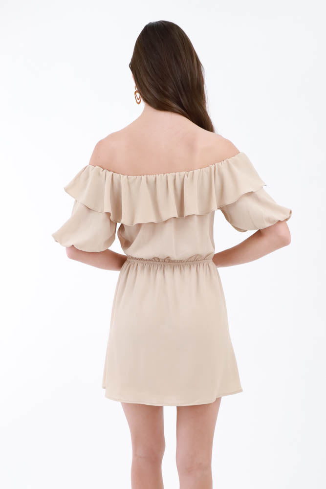 Back of Beige Off Shoulder Sleeved Dress