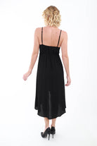 Back of black Overlap Cami Midi Dress