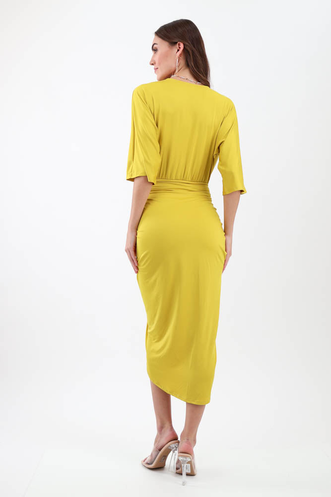 Back of mustard Ruched Bodycon Dress