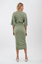 Back of olive Ruched Bodycon Dress