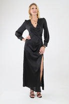 Black Satin Ruched Maxi Dress