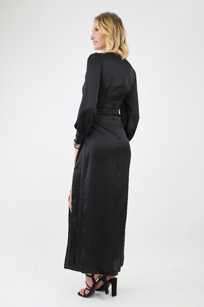 Back of Black Satin Ruched Maxi Dress