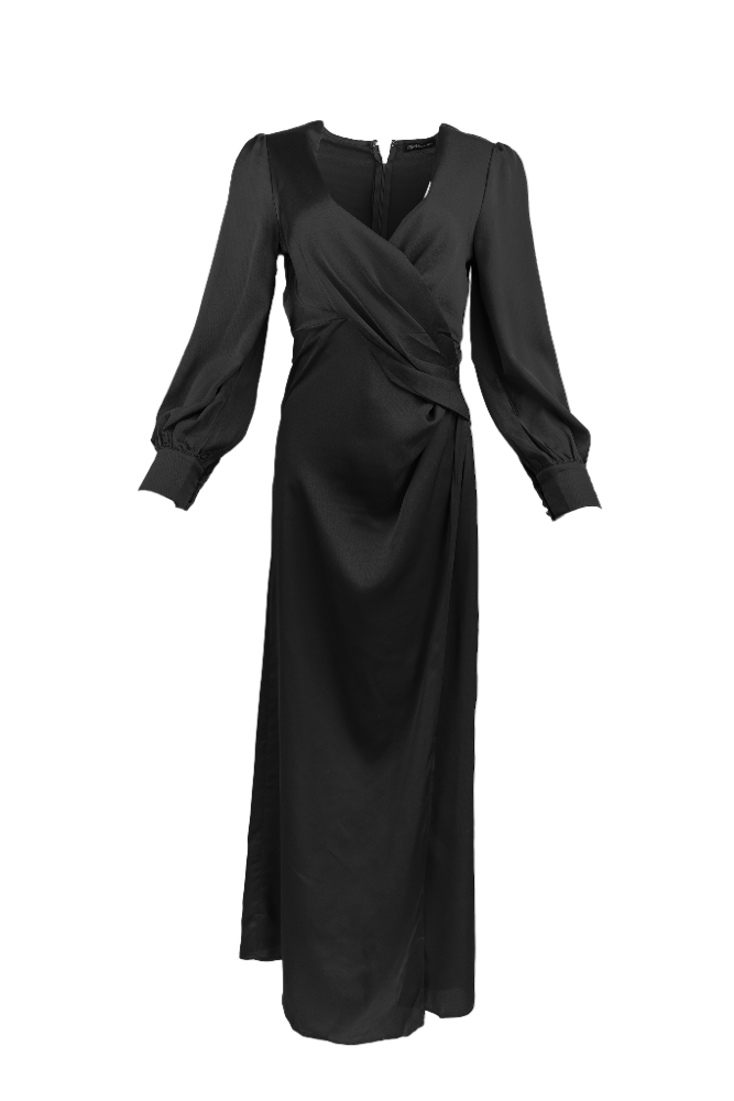 Black Satin Ruched Maxi Dress