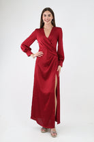 Burgundy Satin Ruched Maxi Dress