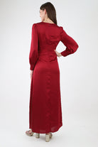 Back of Burgundy Satin Ruched Maxi Dress