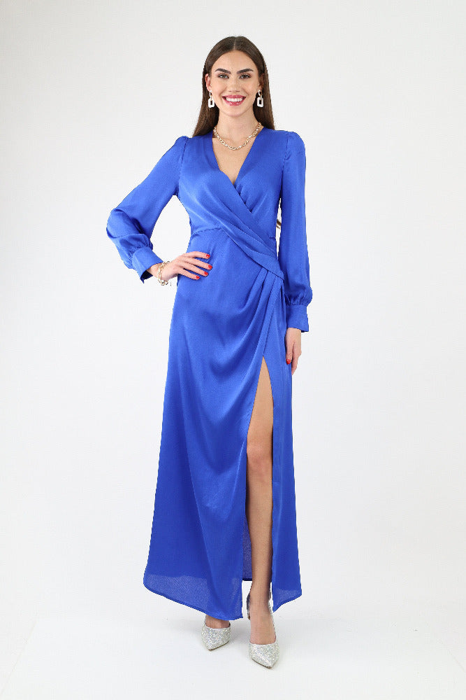 Blue Satin Ruched Maxi Dress