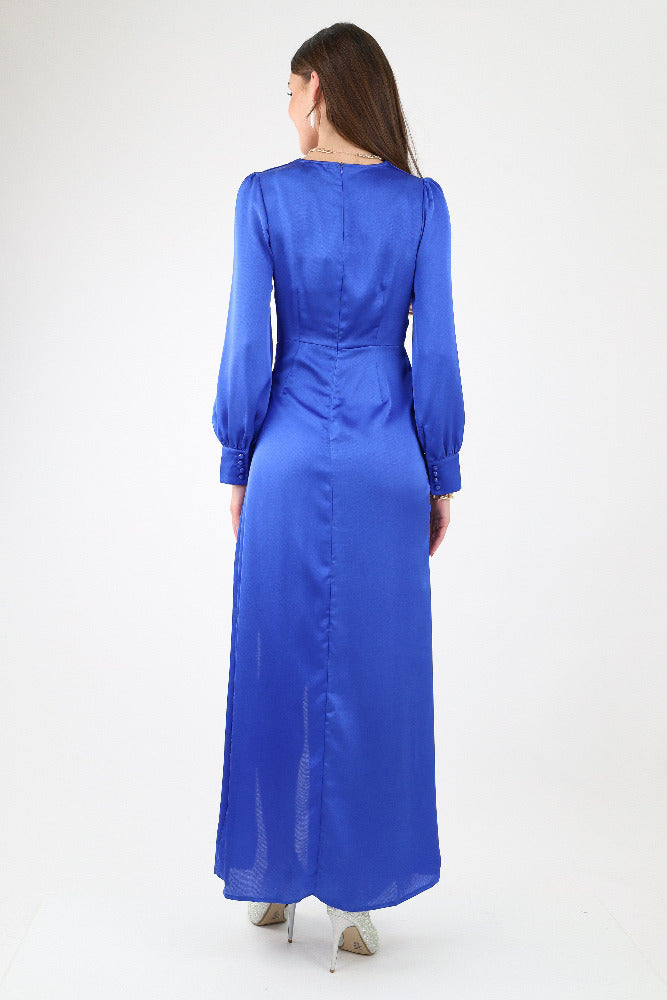 Back of Blue Satin Ruched Maxi Dress