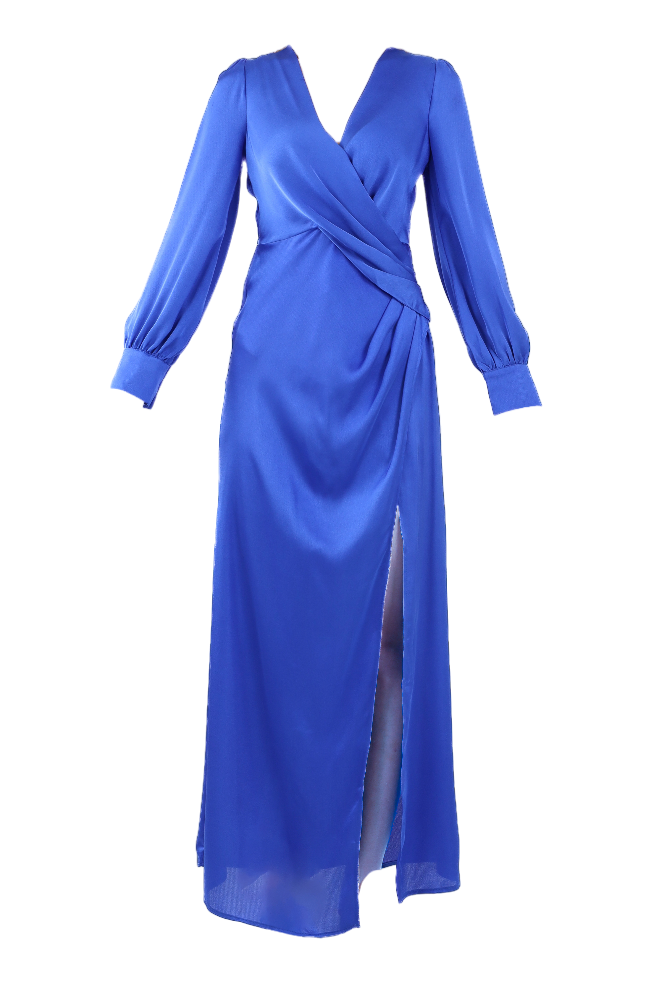 Blue Satin Ruched Maxi Dress Flatlay