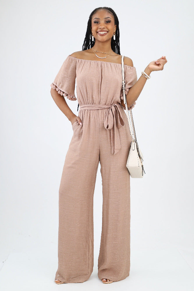 Off Shoulder Woven Jumpsuit With Tassel Detail - StyleMe Designs