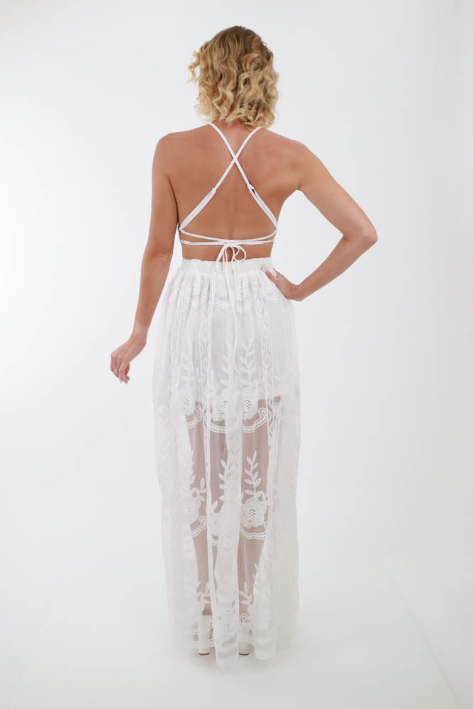 Back of White Lace Maxi Dress