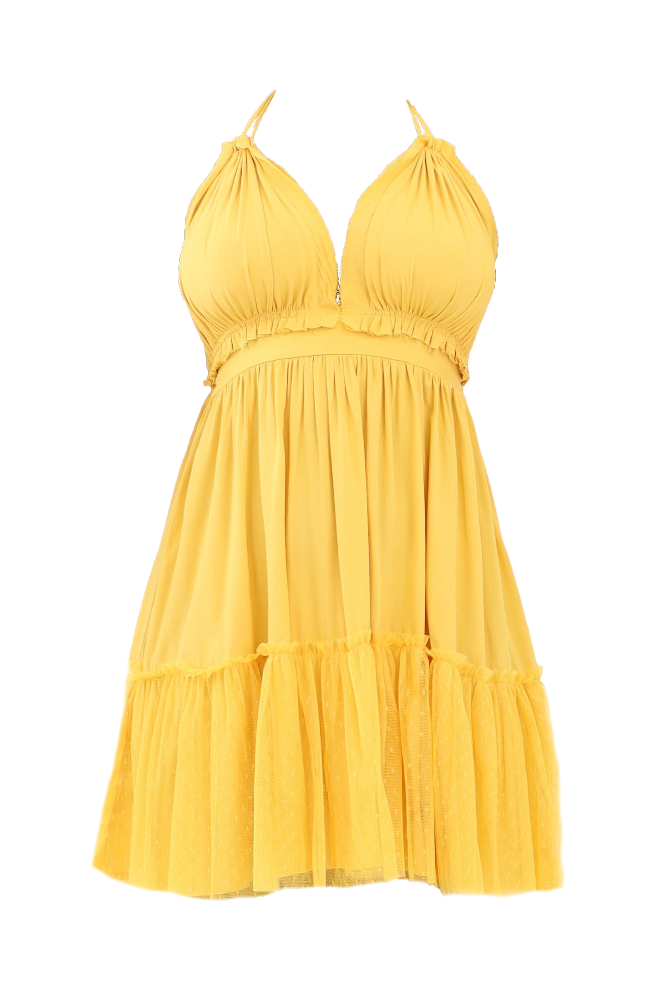 Yellow Ruffled Hem Halter Mini Dress Flatlay